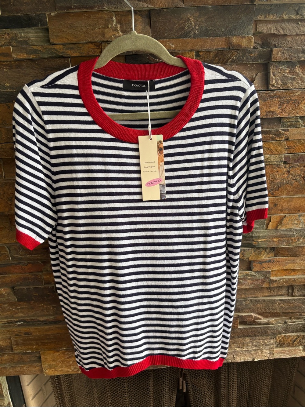 DOKODO Striped Short-Sleeve Tee with Red Trim